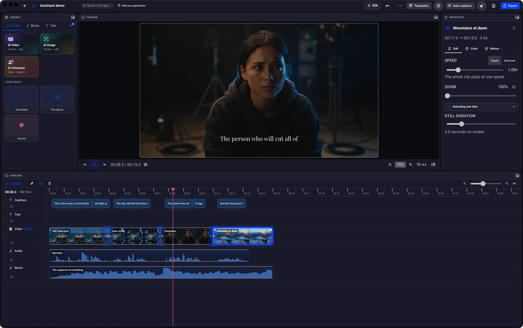 The CNEX Cut editor after an assistant built an edit: a captions track, four video clips with dissolve markers, narration and music waveforms, and a caption showing over the preview