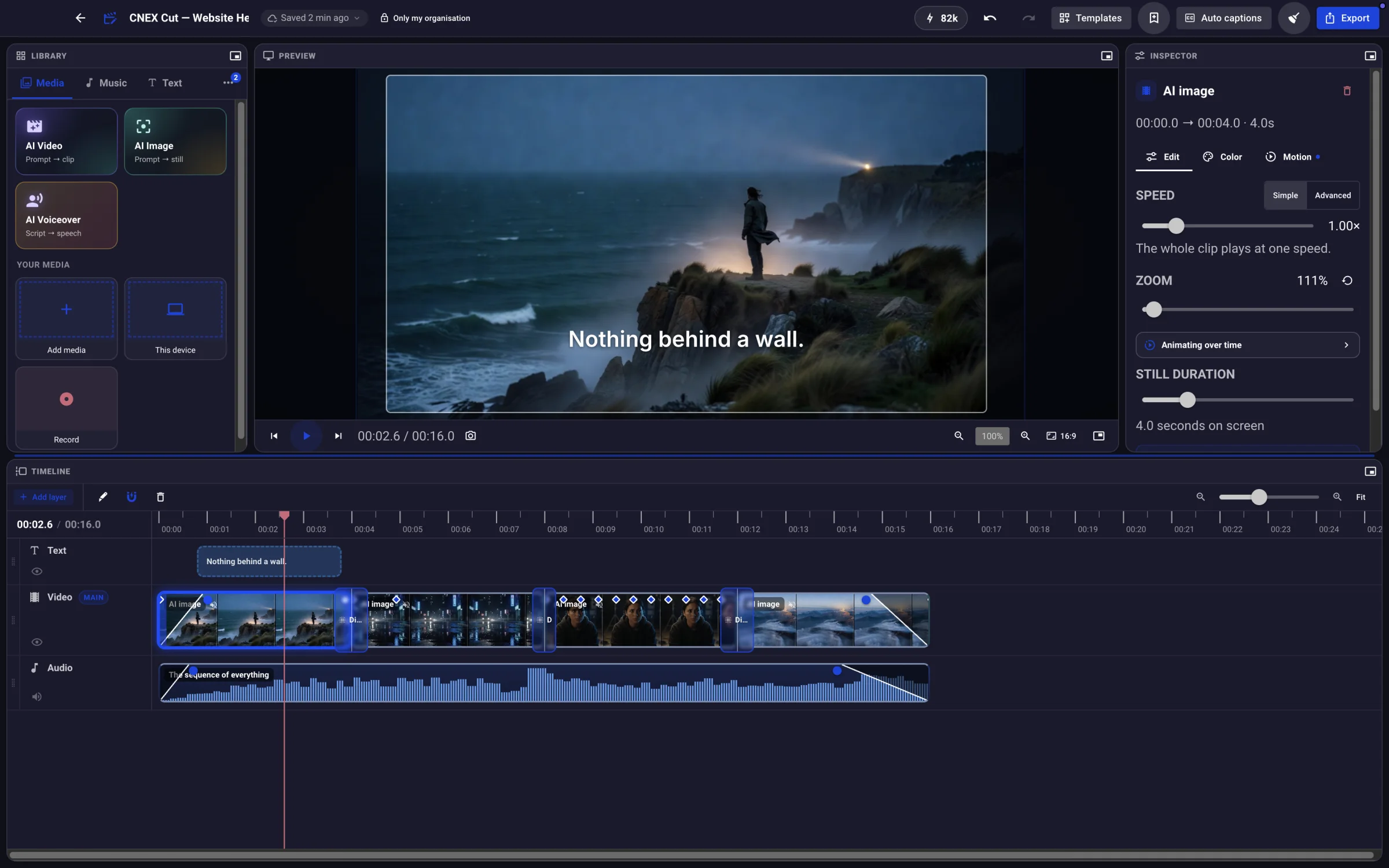 The CNEX Cut editor: media library, cinematic preview with a title over it, clip inspector, and a multi-track timeline with filmstrips, keyframes and an audio waveform