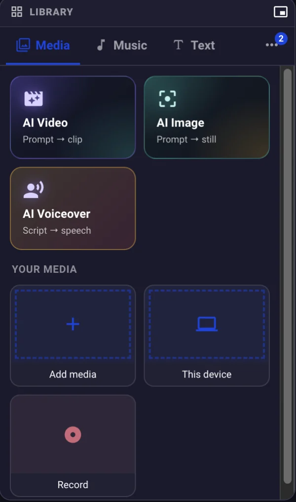 The library panel with AI video, AI image and AI voiceover generators, an add-media button, a this-device button and a record button