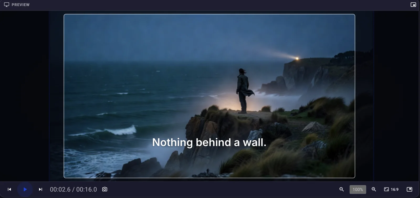 The preview panel showing a graded shot of a figure on a coastal cliff at blue hour with a title across the lower third