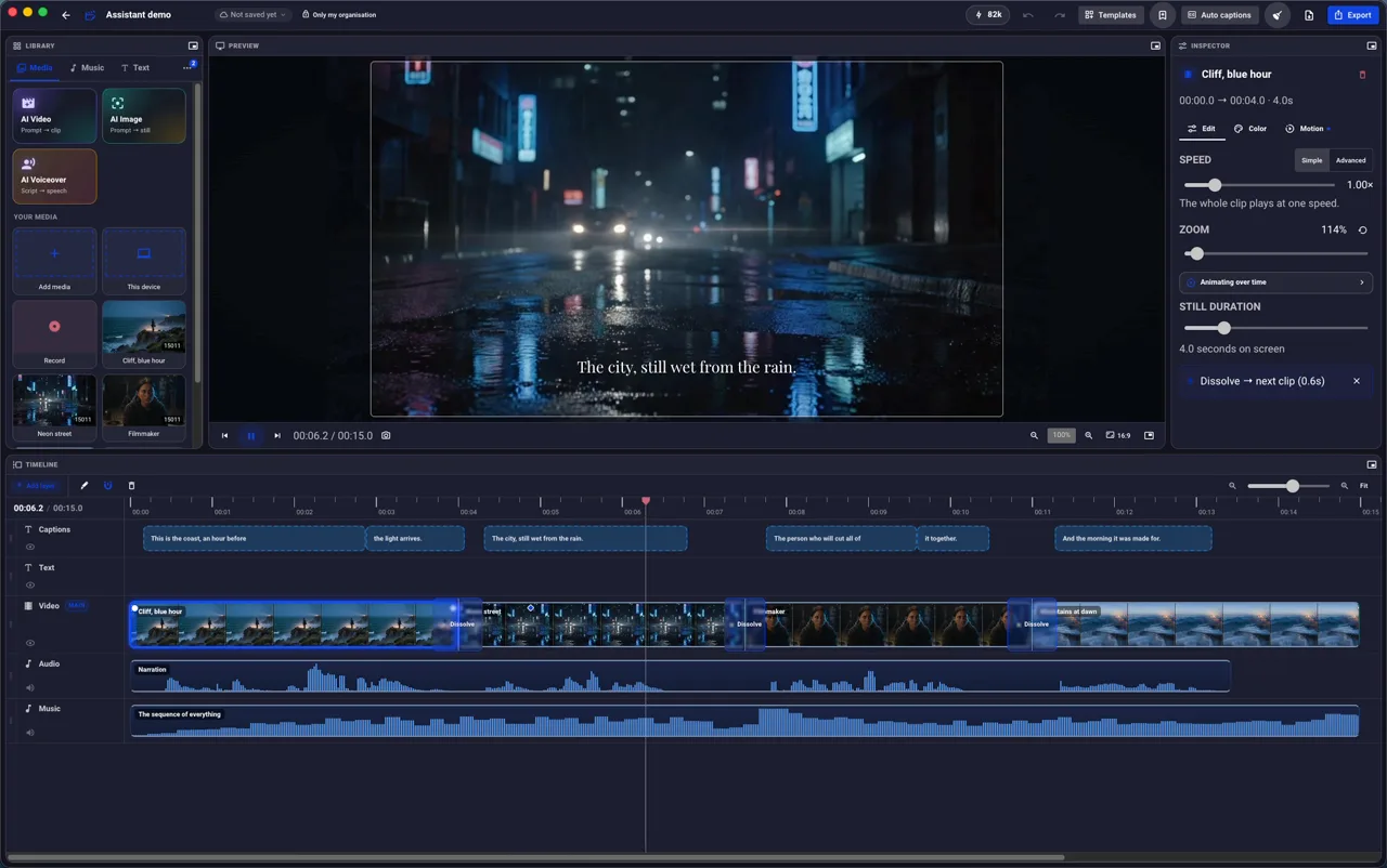 The CNEX Cut editor playing a fifteen-second project: the playhead travels the timeline while the preview cuts between four shots, captions appear in time with the narration, and the inspector's zoom value counts up